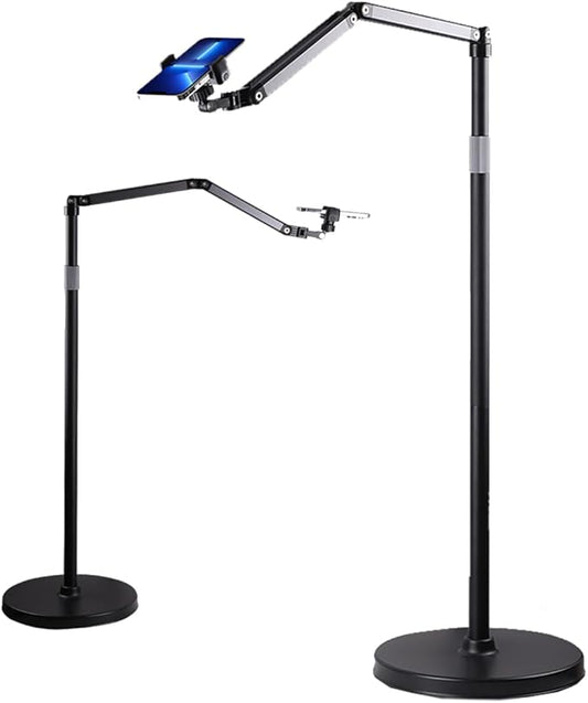 Hocoder Phone Floor Stand for Recording Cell Phone Holder for Bed, Adjustable Tall Stand with Ultra-Long Extension Arm, 360° Swivel, Compatible with iPhone Samsung and More