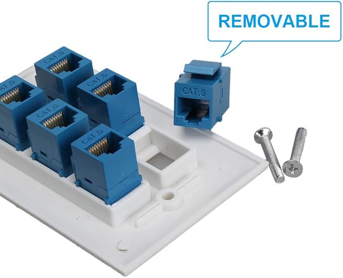 Cat 6 Ethernet Wall Plate 6 Port,Ethernet Wall Plate Female-Female Removable Compatible with Cat7/6/6e/5/5e Ethernet Devices -Blue