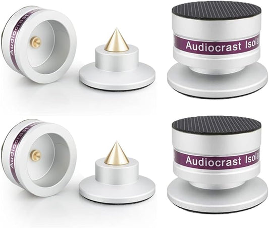Tertullus 4 Pcs Aluminum Speaker Spike+Speaker Isolation Feet Top Pad Turntable Isolation Feet for Amplifier Speaker Turntable Player Subwoofer Silver