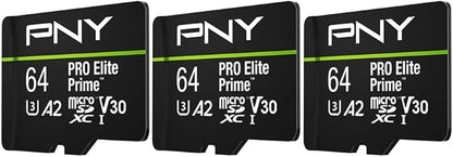 PNY 64GB PRO Elite Prime C10 U3 V30 A2 microSDXC Flash Memory Card – Ultra-Fast Speeds, Read 200MB/s, Write 110MB/s, 4K UHD, Full HD, UHS-I, for Smartphones, Drones, Action Cameras, 3-Pack