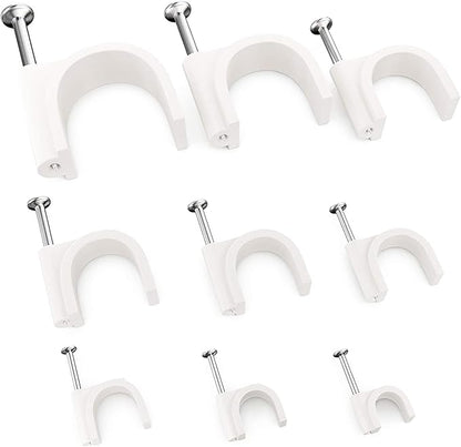 Pro-Grade, Cable Clips with Steel Nails 4mm - 14mm Wire Holders and Tacks in 9 sizes, 100 Per Size. Durable, UV Resistant Plastic Clips Help Organize Coax, Ethernet, Cat5, Cat6 and Other Cords.