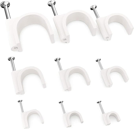 Pro-Grade, Cable Clips with Steel Nails 4mm - 14mm Wire Holders and Tacks in 9 sizes, 100 Per Size. Durable, UV Resistant Plastic Clips Help Organize Coax, Ethernet, Cat5, Cat6 and Other Cords.