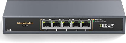 Ethernet Switch 2.5 Gigabit, 5 Ports Multi-Gigabit Ethernet Switch, Unmanaged, Fanless, Plug & Play, Reliable Network Splitter, Ideal for Gaming, NAS, PC, Silent, Desktop/ Wall Mount, Metal Design