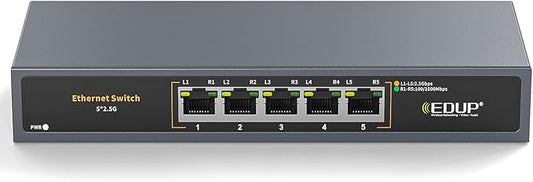 Ethernet Switch 2.5 Gigabit, 5 Ports Multi-Gigabit Ethernet Switch, Unmanaged, Fanless, Plug & Play, Reliable Network Splitter, Ideal for Gaming, NAS, PC, Silent, Desktop/ Wall Mount, Metal Design