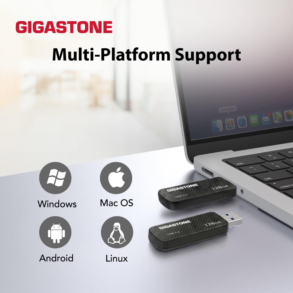 GIGASTONE 128GB USB 3.2 Flash Drive 5-Pack, 100MB/s High-Speed Data Transfer, Carbon Fiber Design, Retractable