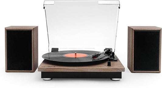 Victrola Montauk Vinyl Record Player, 3-Speed Belt Driven Turntable with Stereo Bluetooth Speaker Pair, RCA Output and 3.5mm Headphone Jack, Removable Dust Cover, Farmhouse Walnut Finish