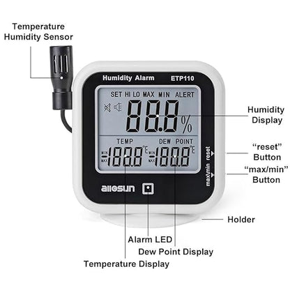 ALLOSUN Digital Thermometer Hygrometer Indoor Humidity Greenhouse Temperature Monitor Alarm Long Probe Gauge Dew-Point Meter with LCD Display