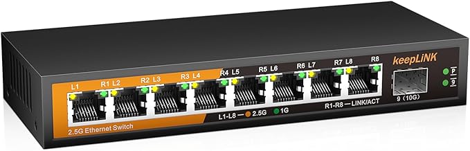 keepLiNK 8 Port 2.5G Switch Unmanaged, Ethernet Switch with 8 x 2.5G Base-T Ports, 1 x 10G Base-T SFP Slot, 60Gbps Switching Capacity, Plug & Play, Fanless Metal, Wall Mountable