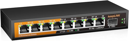 8 Port 2.5G Switch Unmanaged, Ethernet Switch with 8 x 2.5G Base-T Ports, 1 x 10G Base-T SFP Slot, 60Gbps Switching Capacity, Plug & Play, Fanless Metal, Wall Mountable