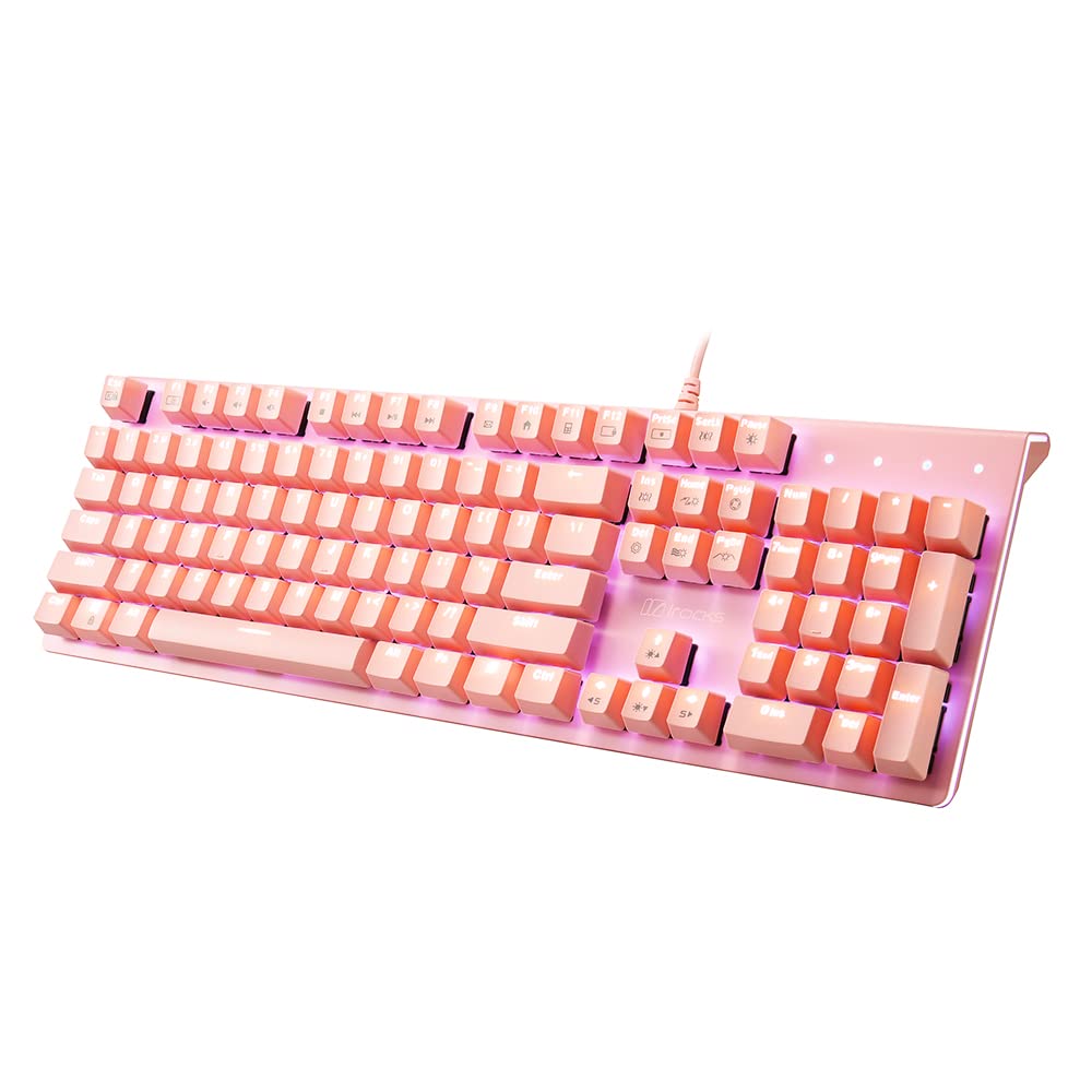 i-rocks K75M Illuminated Mechanical Keyboard, 104 Keys, PBT Keycaps, Backlit LED Light and Shortcut Keys - Programmable Light & Macro Recorder (Cherry MX Red Switch, Pink)