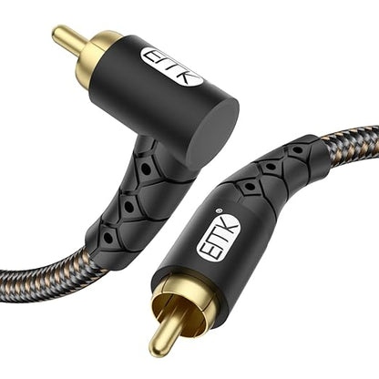 EMK 90 Degree RCA Subwoofer Cable 24K Gold-Plated Connector Nylon Braided Double Shielded – Support Digital & Analog Signals for Amplifier, Home Theater, Hi-Fi System,Subwoofer Black/6.6ft/2m