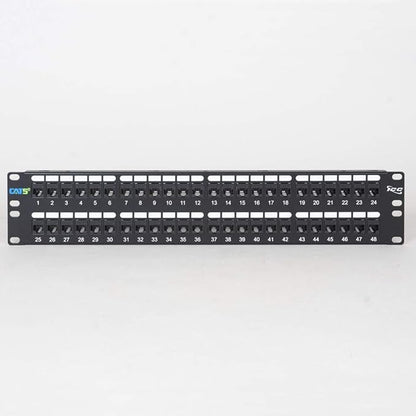 ICC CAT5e Feed-Through Patch Panel, 48 Port, 2U Rackmount, RJ45 Ethernet Patch Panel, No Punch Down, PoE++ and TAA Compliant, Black