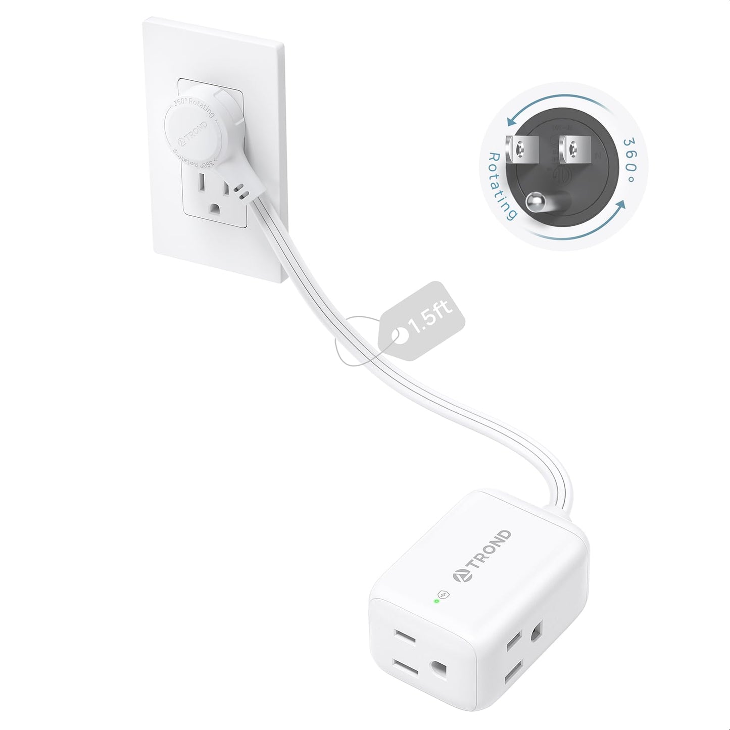 TROND Rotating Flat Plug Extension Cord Surge Protector 1.5ft, 3 AC, White