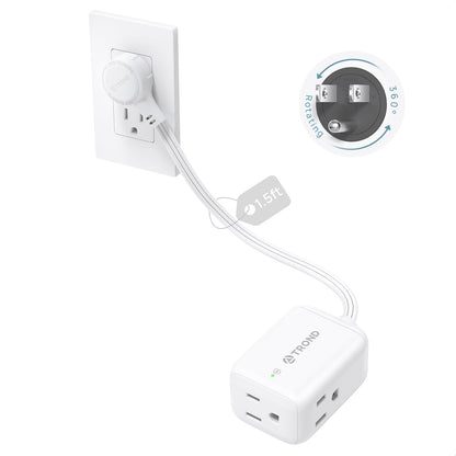 TROND Rotating Flat Plug Extension Cord Surge Protector 1.5ft, 3 AC, White