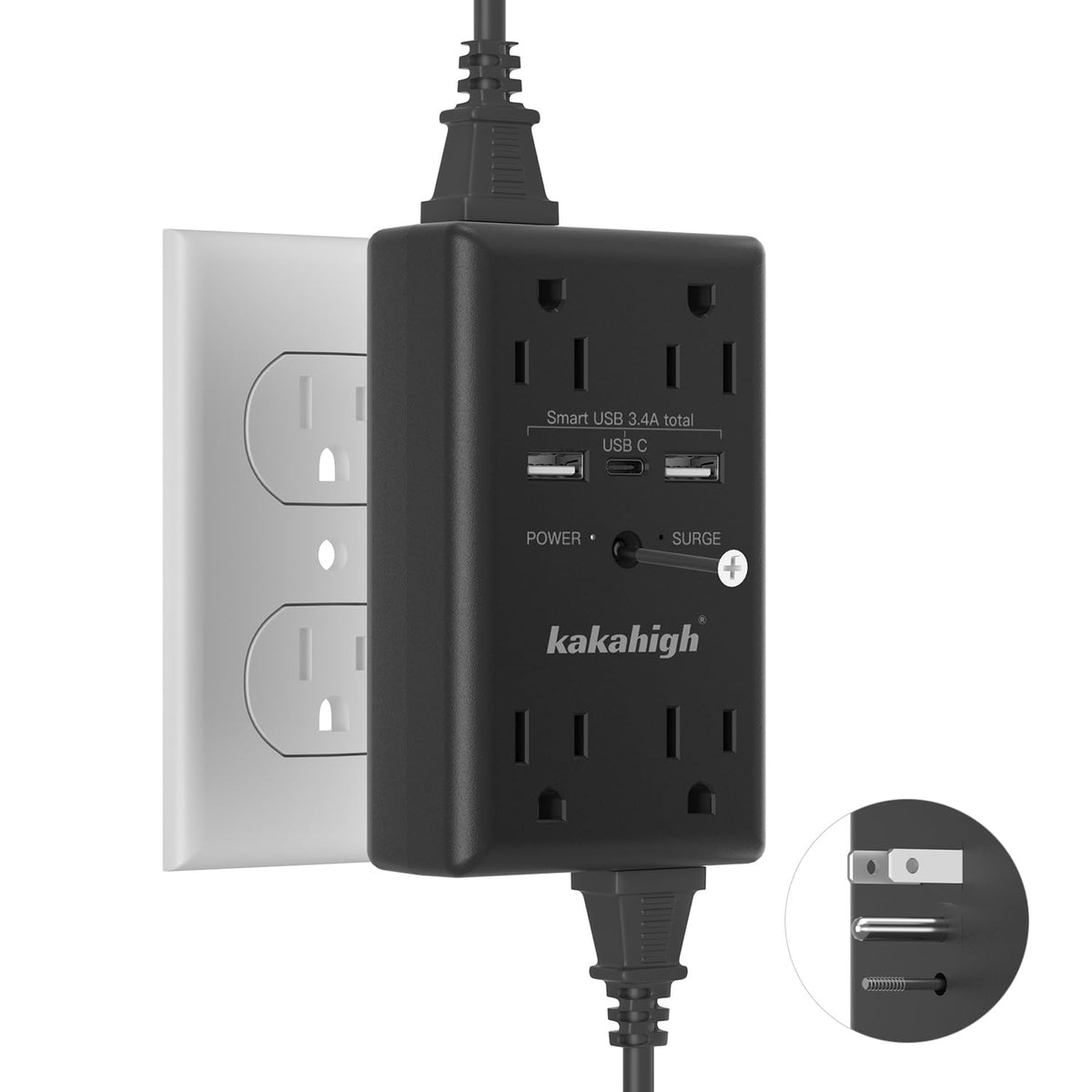 Wall Outlet Extender with Screw, 8 Way Outlets with Surge Protected
