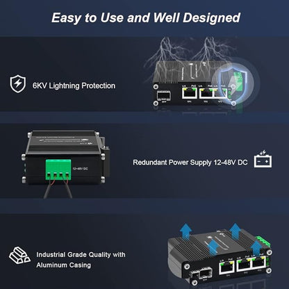 Mini Industrial 3 Port Gigabit PoE Switch with DC12V-48V to DC48V Voltage Booster Hardened RJ45 10/100/1000Mbps 802.3at 30W/Port Ethernet Switch Din Rail Mount Compatible with IP Camera VOIP Phone