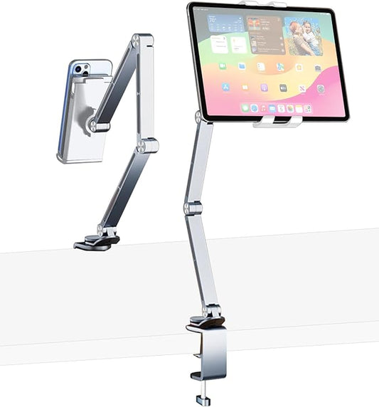 HIBORI iPad Mount for Desk Aluminum Alloy Tablet Stand Foldable Overhead Arm Holder Mount Fits for 4.7-15.6" Screen Phone,Kindle,Fire HD,Monitor,iPad,Galaxy Tab Series (Silver)