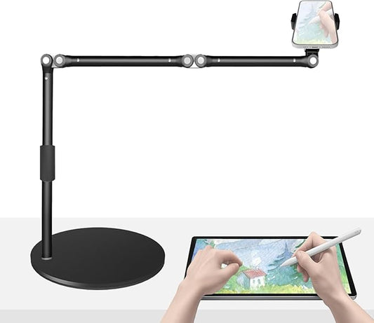 HIBORI Overhead Phone Mount for Desk, 17" Long Arm Adjustable iPhone Holder, Heavy Duty Rotatable Stand for Video Recording, Live Streaming, Crafting, Cooking