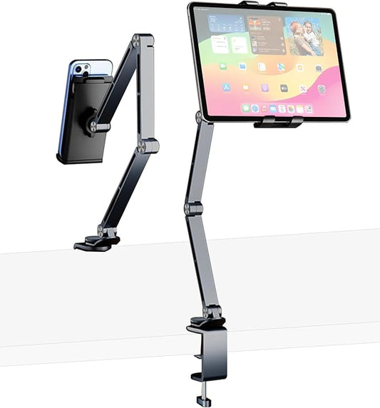 HIBORI iPad Mount for Desk Aluminum Alloy Tablet Stand Foldable Overhead Arm Holder Mount Fits for 4.7-15.6" Screen Phone,Kindle,Fire HD,Monitor,iPad,Galaxy Tab Series (Gray)
