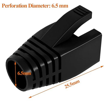100Pack RJ45 Boot Cover, Cat5 Cat6 Cat6A Ethernet Network Cable Strain Relief Boot, Fits Overall Jacket Diameter 5.5-6.5MM Ethernet Cable (Hole Diameter: 6.5mm, Black)