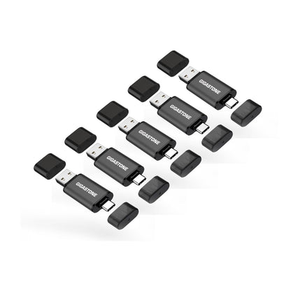 GIGASTONE 64GB Dual USB Flash Drive 5-Pack, USB 3.2 Gen 1, 2-in-1 USB C+A, Speed Up to 100MB/s, Head Cap Design Thumb Drive, Plug & Play for Smartphone/PC/Mac/TV/Car Audio, USB 2.0/3.0/3.1 Compatible