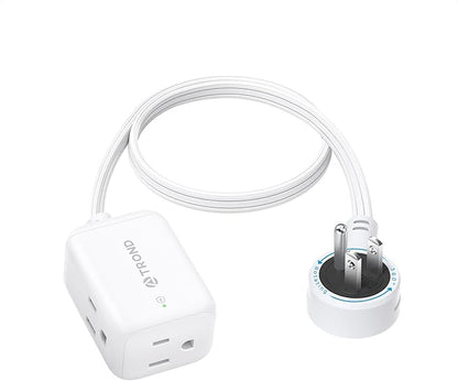 TROND 360° Rotating Flat Plug Extension Cord Surge Protector 1.5ft, Small Power Strip with 900 Joules, 3 Side Grounded Outlets, 13A, SPT 16/3 Gauge Wire for Indoor Home Office Dorm Room Travel, White
