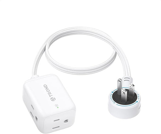 TROND 360° Rotating Flat Plug Extension Cord Surge Protector 1.5ft, Small Power Strip with 900 Joules, 3 Side Grounded Outlets, 13A, SPT 16/3 Gauge Wire for Indoor Home Office Dorm Room Travel, White