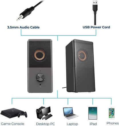 ROSON Computer Speaker, Compact Size Speaker with Headphone Jack, Enhanced Bass and Volume Control, Stereo 2.0 USB Powered 3.5mm Aux Multimedia Speakers for Laptop/Desktop/Tablets/Phone