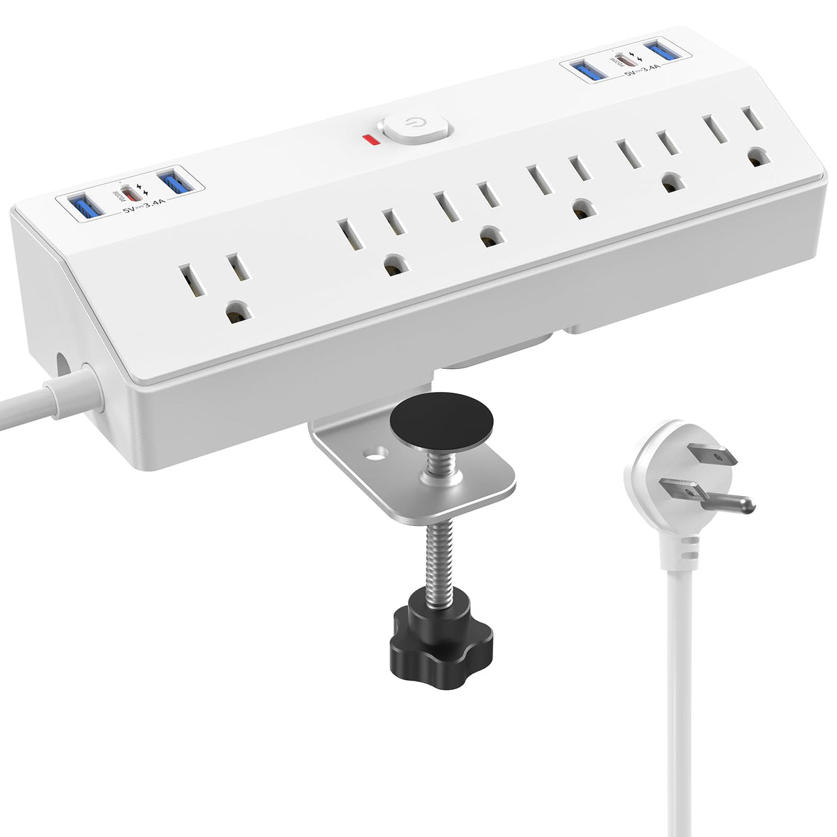 40W Fast Charging Station, Desk Clamp Power Strip 10FT Extension Cord, JXGUCAT Removable Desk Mount Flat Plug Power Strip Surge Protector, 2 USB-C Ports, 6 Outlets, Fits 1.8" Tabletop Edge