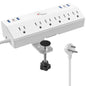 40W Fast Charging Station, Desk Clamp Power Strip 10FT Extension Cord, JXGUCAT Removable Desk Mount Flat Plug Power Strip Surge Protector, 2 USB-C Ports, 6 Outlets, Fits 1.8" Tabletop Edge