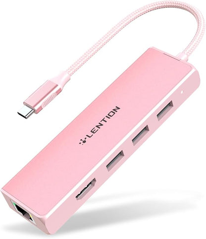LENTION USB C Hub with 1000Mbps Ethernet Adapter, 4K HDMI, 3 USB 3.0 Port for 2024-2016 MacBook Pro 13/14/15/16, New Mac Air & Surface, Chromebook, More, Stable Driver Certified (CB-C25, Rose Gold)