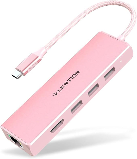 LENTION USB C Hub with Gigabit Ethernet Adapter, 4K HDMI, 3 USB 3.0 Port for MacBook Pro, New Mac Air, Surface, Chromebook, More, Stable Driver Certified (CB-C25, Rose Gold)