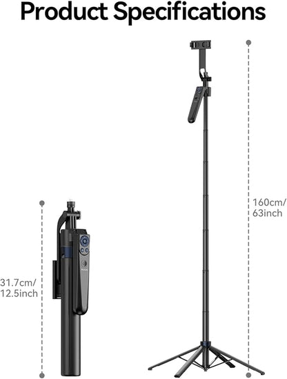 TELESIN 63" Smart Auto-Face Tracking Tripod with 360° Rotation, Remote & Gesture Control, No APP Needed, Compatible with Smartphone/Action Camera, Selfie Stick Tripod Stand for Video Live Streaming
