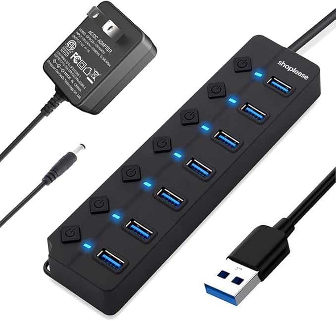 USB 3.0 Splitter, 7-Port USB 3.0 Hub with Individual Power Switches and Lights, Portable Expansion Data Hub with 5V/2A Power Adapter for Windows 10, 8.1, 8, 7, Vista, XP, Linux, Mac OS X