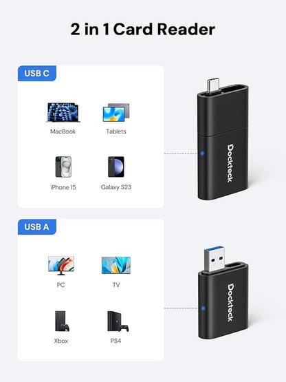 SD Card Reader, Dockteck USB 3.0 Card Reader to Micro SD Card Adapter, 5G SD Memory Card Reader, USB A - C Adapter, Dual-Slot Card Reader for UHS-I SD/Micro SD/SDHC/SDXC/MMC, Support OTG for Plug&Play