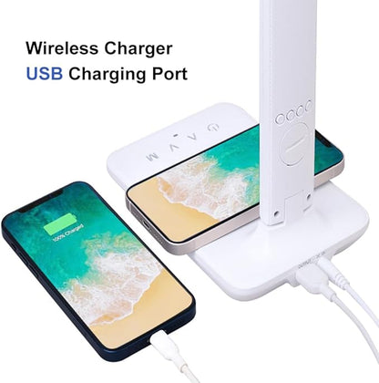 Multifunctional LED Desk Lamp with Wireless Charger,USB Charging Port,Clock,Phone Holder,Desk Lamps for Home Office,Eye-Caring Reading Lamp,Study Lamp for Boys,Girls,Teens,White