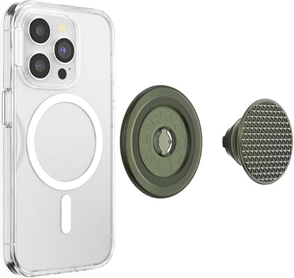 PopSockets Phone Grip for MagSafe with Kickstand, Magnetic Stand, Swappable Top, Secure Hold for iPhone MagSafe Cases, Phone & Tablet Grip - Triangle Knurl Olive