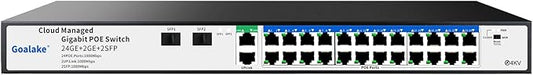 Goalake 28-Port Gigabit Managed PoE Switch (24 PoE+ Ports + 2 Uplink + 2 SFP) – with 250m Extend, VLAN and QoS for Network Segmentation, Plug-and-Play, Industrial Fan, Desktop/Wall Mount