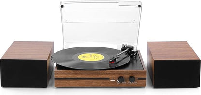 Vinyl Record Player with Dual Stereo Bookshelf Speakers Vintage Belt Drive Bluetooth Turntable with External Speakers,Convert Vinyl to MP3,LP Players AUX Headphone Input RCA Out,Brown