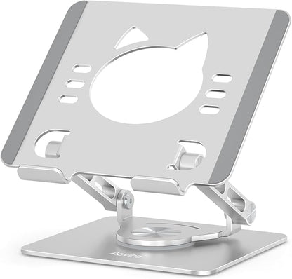 Tablet Stand 360° Rotating Aluminum Holder, Adjustable, Portable and Foldable Monitors Stand for iPads, Compatible with 4-12.9" Tablets, Silver
