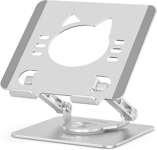 Aoviho Tablet Stand 360° Rotating Aluminum Holder, Adjustable, Portable and Foldable Monitors Stand for iPads, Compatible with 4-12.9" Tablets, Silver