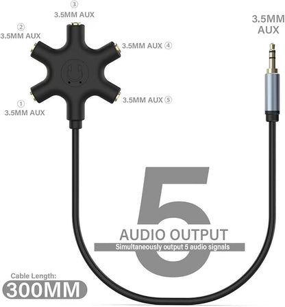 Multi Headphone Audio Splitter, 5-Way 3.5mm Jack Stereo Headset Adapter to Connect Up to 5 Devices for Mixing, Shared Experiences - for iPhone, iPad & More