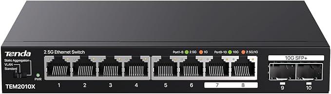Tenda TEM2010X 8 Port 2.5G Ethernet Switch, Unmanaged 2.5Gb Switch with 8 x 2.5G Ports & 2 x 10Gb SFP+ Slots, Support VLAN & Static Link Aggregation, 80Gbps Switching Capacity, Fanless Metal Design