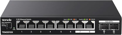 Tenda TEM2010X 8 Port 2.5G Ethernet Switch, Unmanaged 2.5Gb Switch with 8 x 2.5G Ports & 2 x 10Gb SFP+ Slots, Support VLAN & Static Link Aggregation, 80Gbps Switching Capacity, Fanless Metal Design