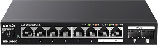 Tenda TEM2010X 8 Port 2.5G Ethernet Switch, Unmanaged 2.5Gb Switch with 8 x 2.5G Ports & 2 x 10Gb SFP+ Slots, Support VLAN & Static Link Aggregation, 80Gbps Switching Capacity, Fanless Metal Design