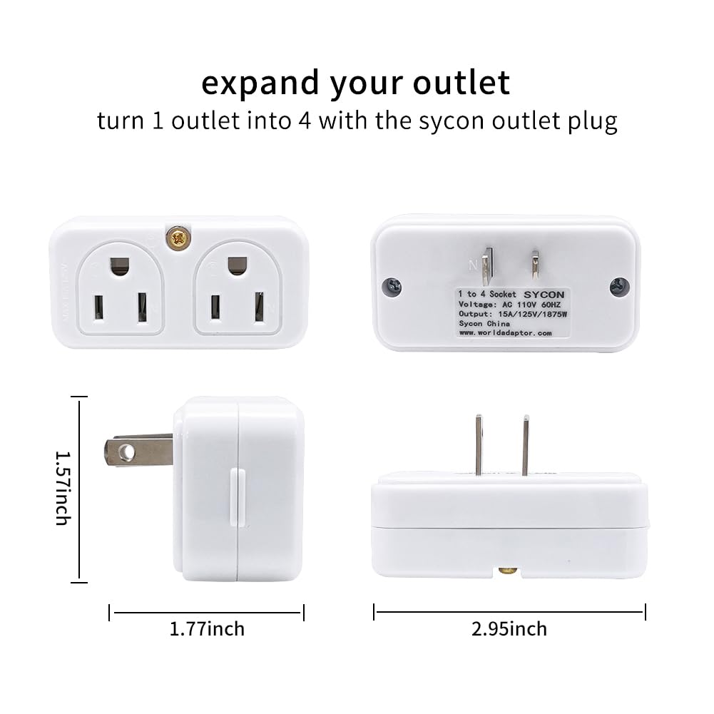 SYCON Adapter Outlet Extender, 2-Prong Mini Wall Plug, Multi Outlet Splitter with 4 Outlets