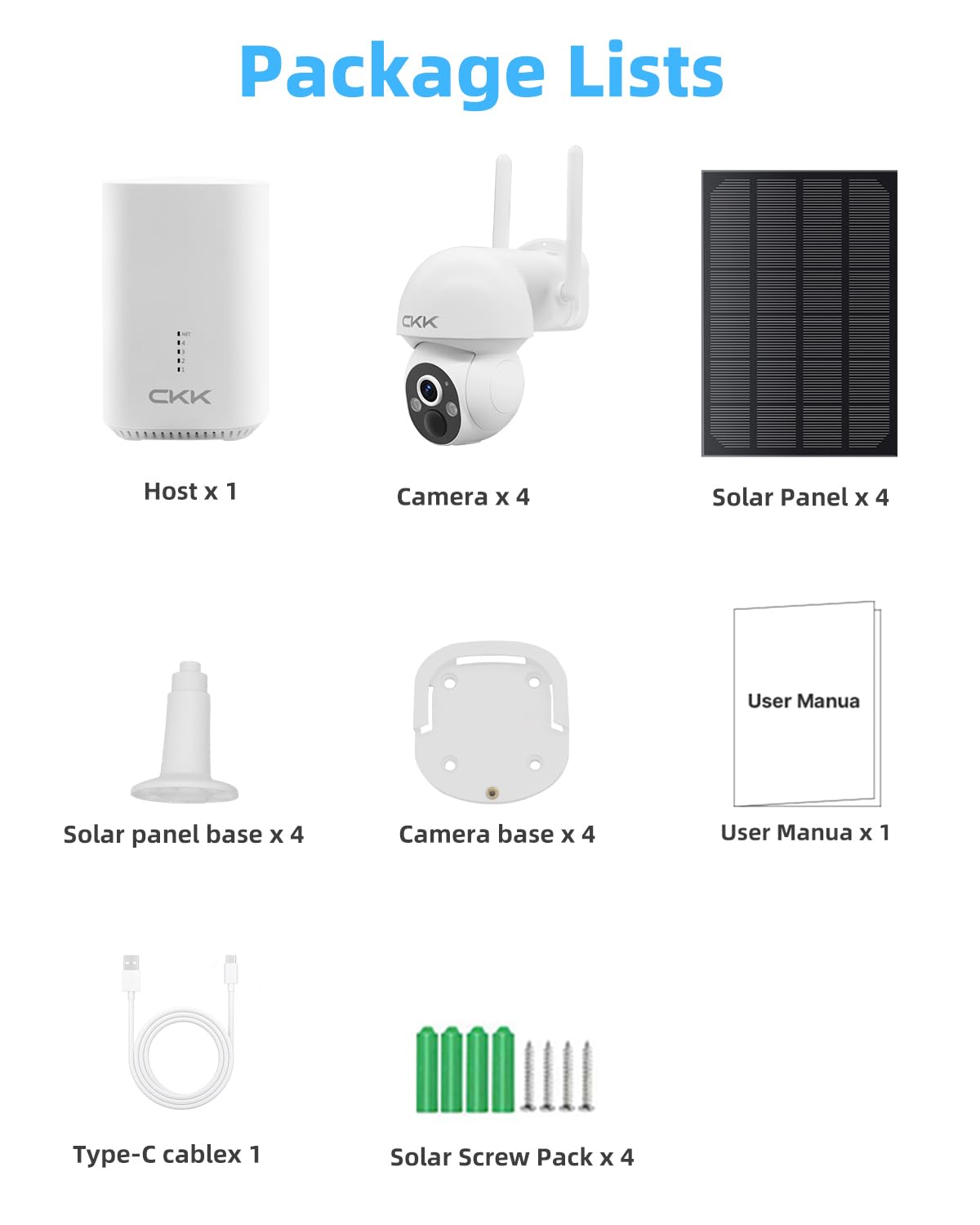 CKK 2.5K 4pcs Solar Security Camera System Wireless Outdoor with 128GB Card,360PTZ, PIR Motion Detection, Color Night Vision, 2-Way Talk, IP66 Waterproof, Audible & Floodlight Alarm for Home and Yard