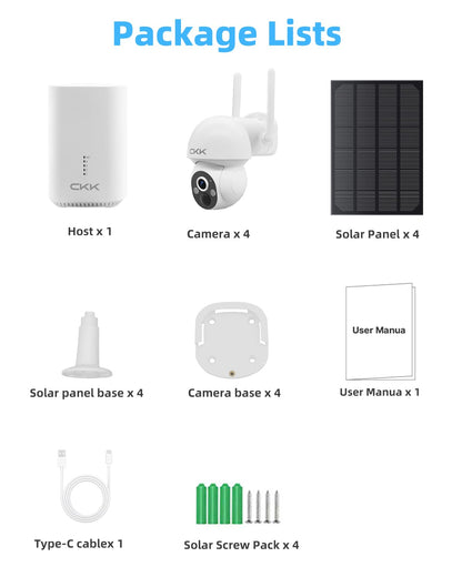 CKK 2.5K 4pcs Solar Security Camera System Wireless Outdoor with 128GB Card,360PTZ, PIR Motion Detection, Color Night Vision, 2-Way Talk, IP66 Waterproof, Audible & Floodlight Alarm for Home and Yard