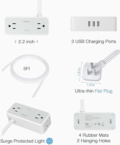 Ultra Thin 5FT Flat Extension Cord, TESSAN Surge Protector Flat Plug Power Strip, 4 Wide Spaced AC Outlets 3 USB A, 900 Joules Protection, Suitable for Home Office Dorm