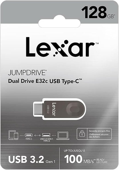 Lexar E32C 128GB Type-C USB Flash Drive, USB-A&USB-C 3.2 Gen 1 Dual Drive OTG 100MB/s Read, Thumb Drive Swivel Design Jump Drive for USB 3.0/2.0, Memory Stick for Android Smartphone, Laptop, PC
